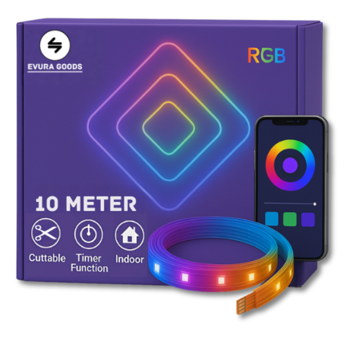 EvuraGoods 10 meter slimme LED strip met app-bediening en timer. Creëer unieke sfeerverlichting in huis. Eenvoudige installatie met dubbelzijdige tape!