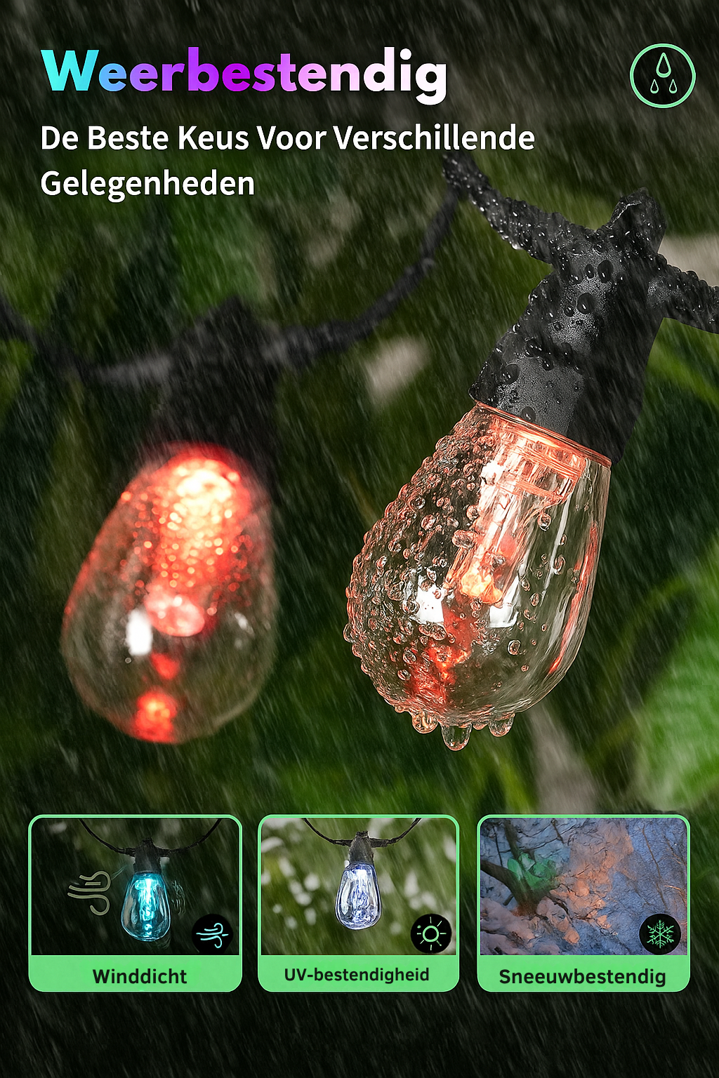 RGB Lichtsnoer Buiten – 10 Meter – 15 Smart LED Lampen – Multicolor & App-bediening – IP65 Weersbestendig