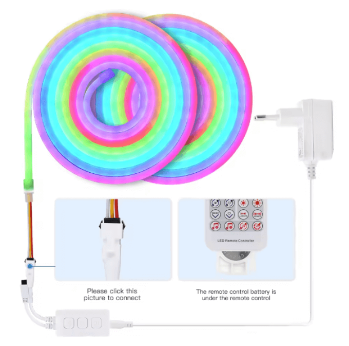 RGBIC Neon LED-strip 5m, met adapter en afstandsbediening via app. Waterdicht, dimbaar, slimme verlichting van Evura Goods