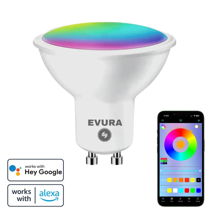 Slimme GU10 LED-lamp compact formaat, geschikt voor elke standaard GU10 fitting, met app-bediening op smartphones.