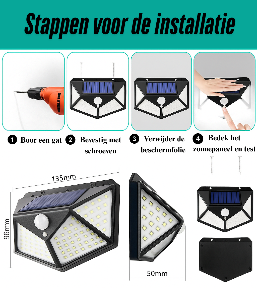 Evura Goods LED Solar Wandlamp Buiten – 250 Lumen – Bewegingssensor – Daglicht Wit – IP65 Waterdicht