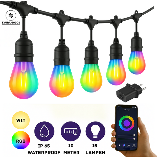 RGB Lichtsnoer Buiten – 10 Meter – 15 Smart LED Lampen – Multicolor & App-bediening – IP65 Weersbestendig