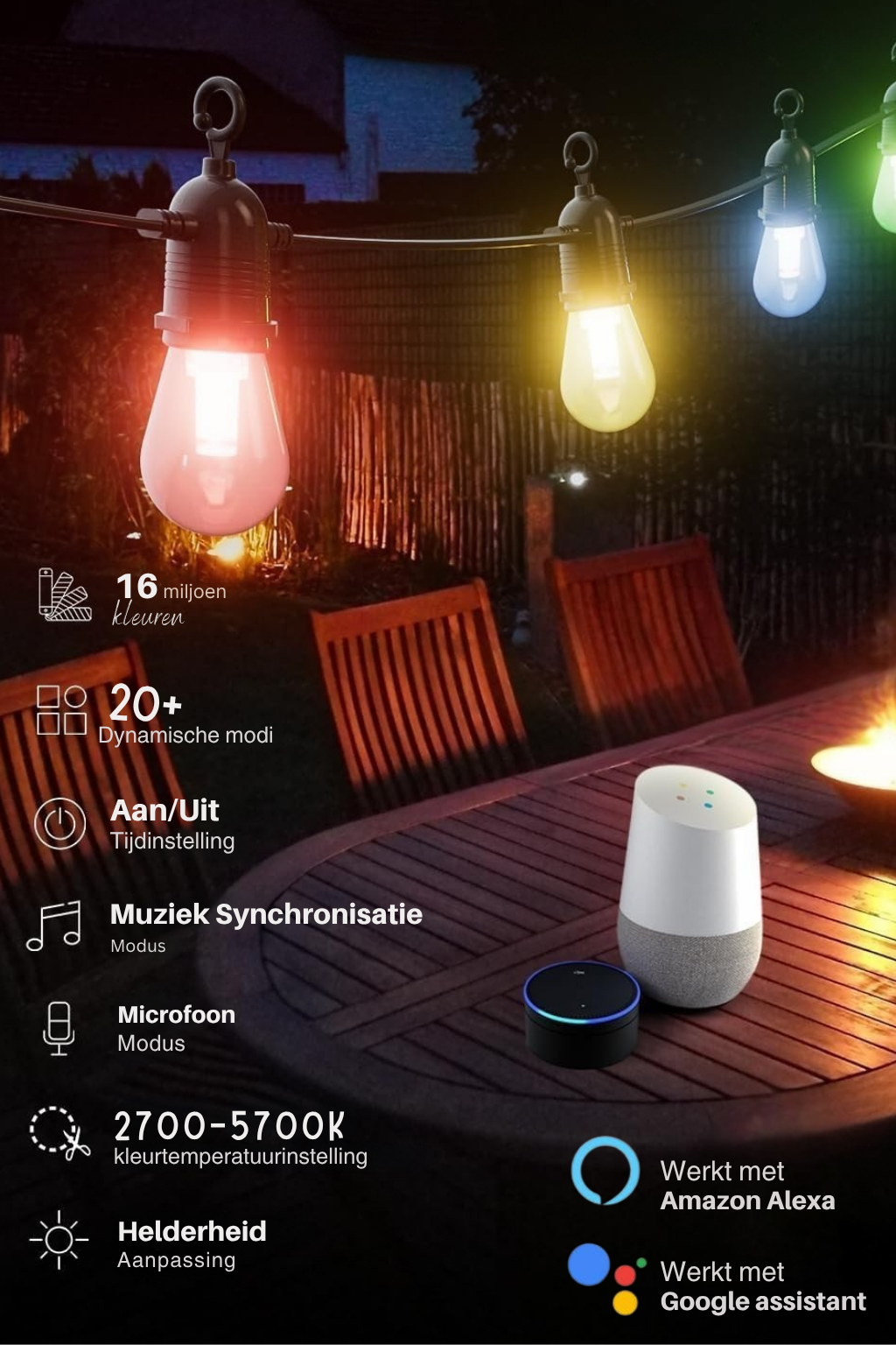RGB Lichtsnoer Buiten – 10 Meter – 15 Smart LED Lampen – Multicolor & App-bediening – IP65 Weersbestendig