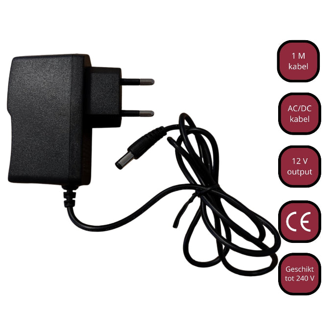 Zwarte AC adapter / lader met EU-stekker, 12V en 1A output, EvuraGoods
