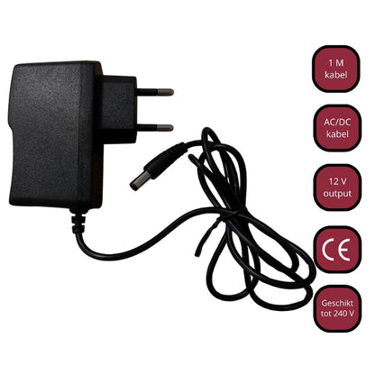Zwarte AC adapter / lader met EU-stekker, 12V en 1A output, EvuraGoods
