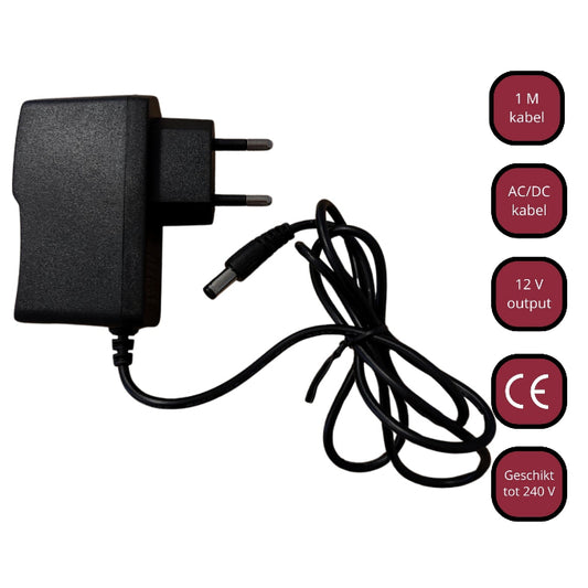 Zwarte AC adapter / lader met EU-stekker, 12V en 1A output, EvuraGoods