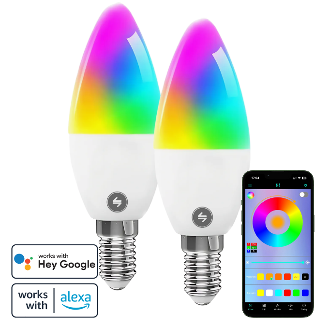 De Slimme E14 lamp komt in een set van 2. De smart bulb heeft eenvoudige app- & spraakbediening. De lamp geef RGB & dimbaar warm wit licht zodat er overal in huis eenvoudig de jusite sfeer wordt gecreëerd. De lampen zijn eenvoudig te installeren via WiFi. Daarnaast zijn de lampen ook energiezuinig en kan je er een timerfunctie op instellen. 
