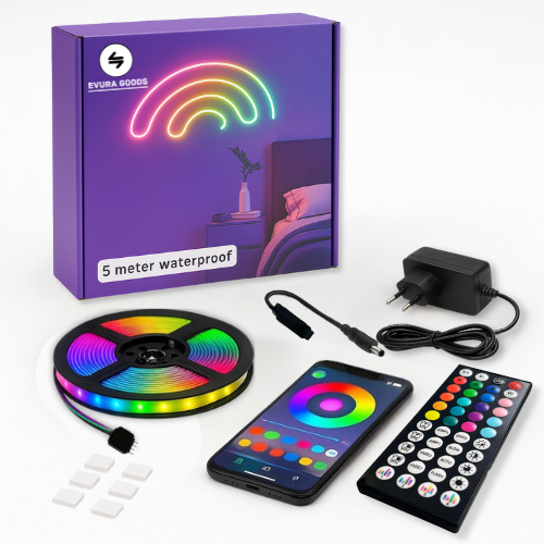 EvuraGoods 5m LED Strip RGB Waterproof IP67 – Slim, App-bediening met Timerfunctie